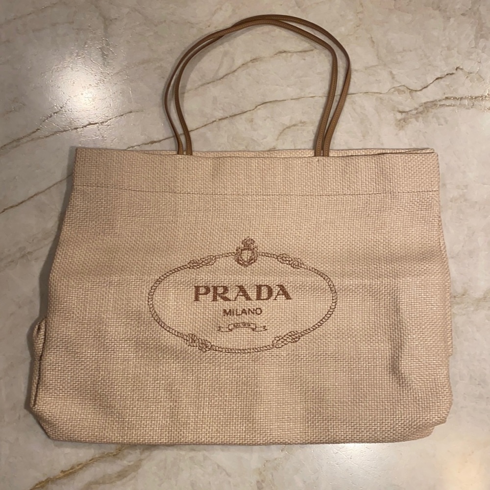 Prada woven burlap and leather strap tote